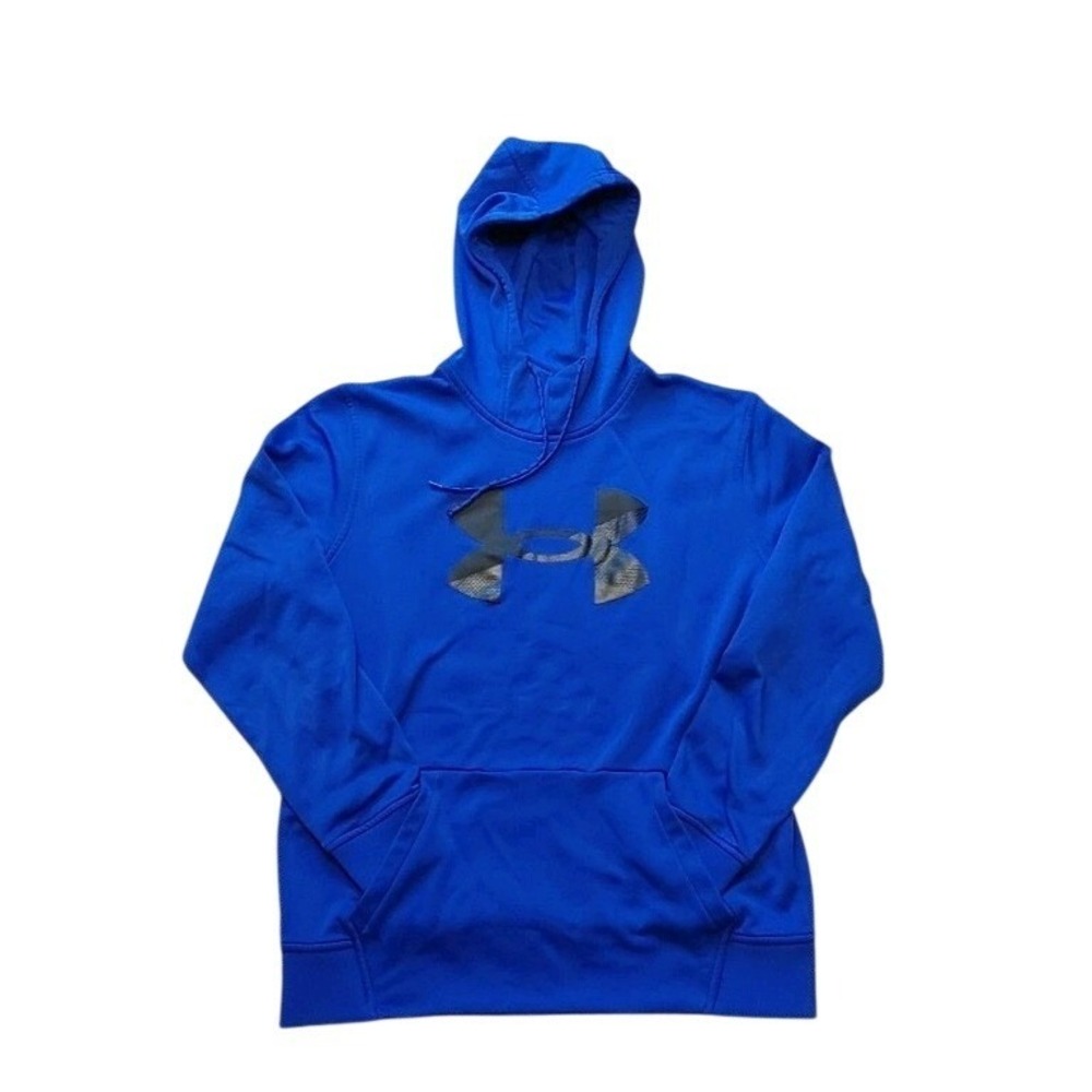 UA Mens Large Logo Royal Blue ColdGear Pullover Hoodie Sweatshirt Kangaroo